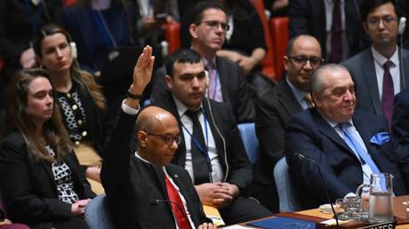 US Deputy Ambassador to the UN Robert Wood votes against a resolution allowing Palestinian UN membership at United Nations headquarters in New York, on April 18, 2024.