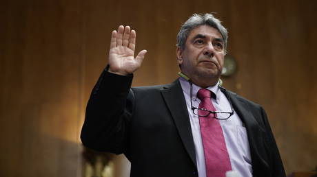 Boeing engineer Sam Salehpour is swearing in before the US Senate Homeland Security and Governmental Affairs Subcommittee on Investigations before testifying during a hearing on 'Examining Boeing's Broken Safety Culture: Firsthand Accounts', at Capitol Hill in Washington, DC, on April 17, 2024.