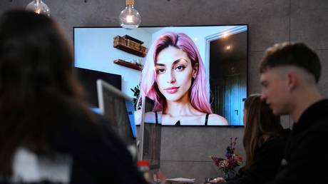 Artificial intelligence generated image of Aitana Lopez model displayed in a screen at the headquarters of The Clueless company