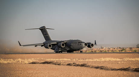 A Boeing C-17 Globemaster III takes off from Niger Air Base 201 near Agadez, Niger,  June 19, 2021