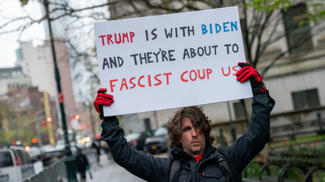 Max Azzarello protests outside of the Manhattan courthouse where former US President Donald Trump's 'hush money' trial is underway in New York City, April 18, 2024.