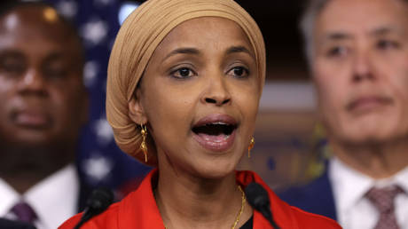 Ilhan Omar speaks during a news conference at the US Capitol in Washington DC, September 20, 2023