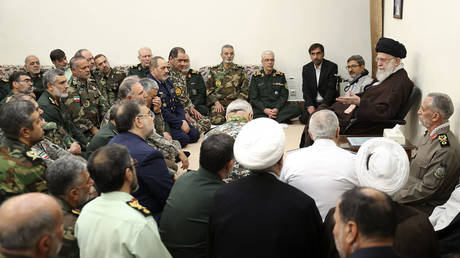 Iran's Supreme Leader Ayatollah Ali Khamenei witha a group of commanders of the Iranian armed forces, Tehran, April 21, 2024.