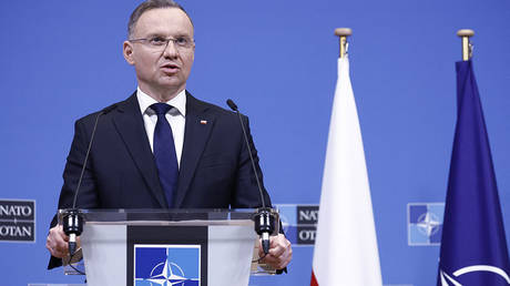 Polish President Andrzej Duda addresses the audience during a press conference at the NATO headquarters in Brussels, on March 14, 2024.