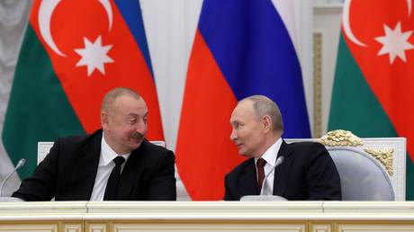 Azerbaijani President Ilham Aliyev and Russian President Vladimir Putin in Moscow, Russia on April 22, 2024.