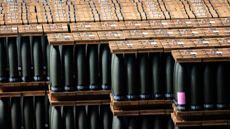 155mm artillery shells that are ready to be shipped are stored at the Scranton Army Ammunition Plant in Pennsylvania, US on April 12, 2023.