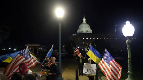 Supporters of Ukraine rally outside the US Capitol after the Senate passed a foreign aid bill on April 23, 2024