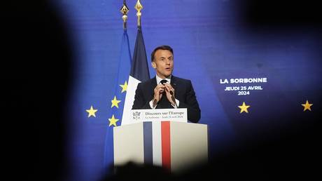 French President Emmanuel Macron delivers a speech at the Sorbonne University in Paris, on April 25, 2024.
