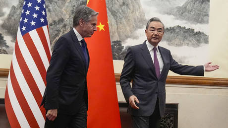 China's Foreign Minister Wang Yi and US Secretary of State Antony Blinken during their meeting in Beijing.