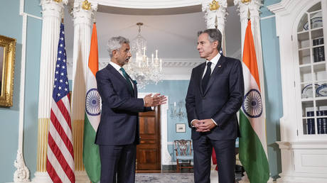 Indian External Affairs Minister Subrahmanyam Jaishankar and U.S. Secretary of State Antony Blinken deliver brief remarks to the press before meeting at the U.S. State Department September 28, 2023 in Washington, DC.