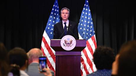 US Secretary of State Antony Blinken speaks during a press conference at the US embassy in Beijing on April 26, 2024.