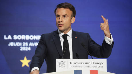 French President Emmanuel Macron delivers a speech on Europe at the Sorbonne University in Paris, on April 25, 2024