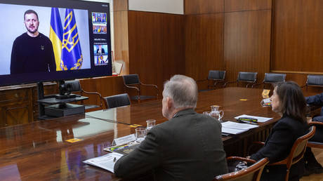 Spanish Defense Minister Margarita Robles (R) takes part in the virtual meeting of the Ramstein Group.