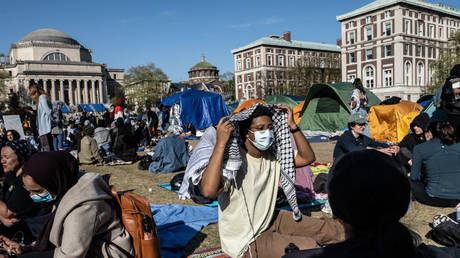 Students participate in a pro-Palestinian encampment at Columbia University in New York City, April 26, 2024