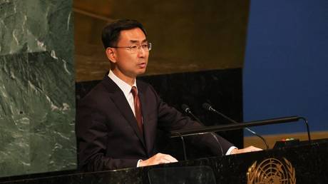 Geng Shuang speaks during a meeting of the UN General Assembly in New York City, November 14, 2022