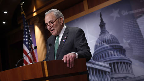 Senate Majority Leader Chuck Schumer (D-NY) speaks after the Senate passed a foreign aid bill which includes $95 billion for Ukraine, Israel and Taiwan