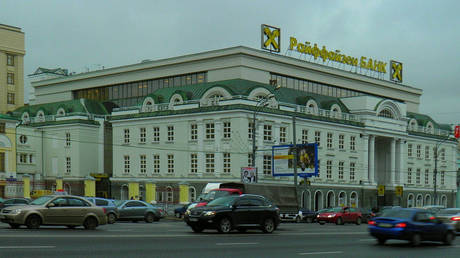 FILE PHOTO: Raiffeisenbank building on Smolenskaya-Sennaya Square in Moscow, Russia.