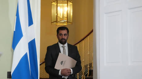 First Minister Humza Yousaf arrives for a press conference at his official residence in Edinburgh, Scotland, on April 29, 2024.
