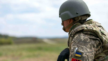 A Ukrainian Soldier watches the horizon during an exercise at the Grafenwoehr Training Area, Germany, May 3, 2022