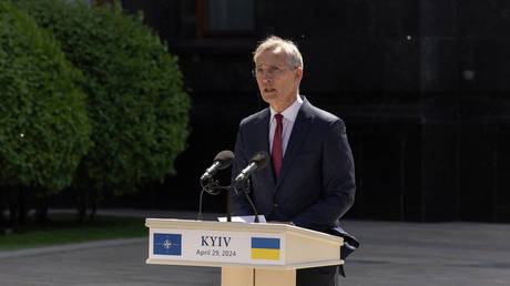 Secretary General of NATO Jens Stoltenberg with Ukrainian President (not pictured) attend a joint press conference in Kiev, on April 29, 2024.