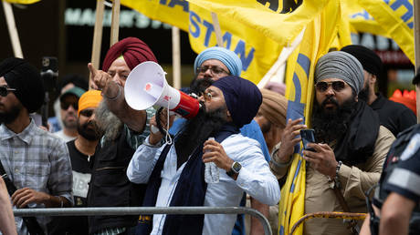 Sikhs protest for the independence of Khalistan in front of the Indian Consulate in Toronto, Canada, on July 8, 2023.