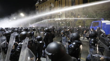 Protestors clash with police in Tbilisi, Georgia on April 30, 2024.