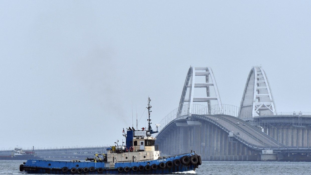 A patrol boat is seen near the Crimean Bridge, repaired after the July 17 sea drone strike by the Ukrainian Armed Forces, Republic of Crimea, Russia.