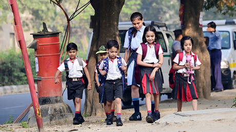 Schools open for new session, children arrive in the morning at Dwarka in South West Delhi, on April 1, 2024 in New Delhi, India.