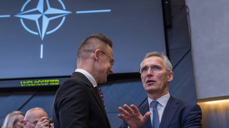 NATO Secretary General Jens Stoltenberg (R) talks with Hungarian Foreign Minister Peter Szijjarto (L) on April 03, 2024 in Brussels, Belgium.