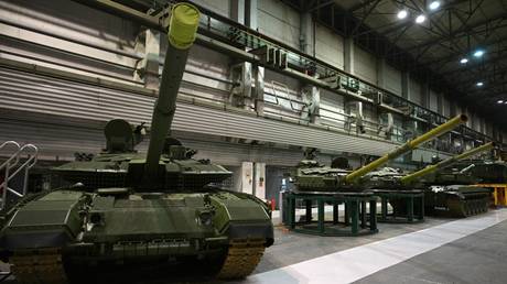 A tank and turrets are seen at an assembly shop of the Uralvagonzavod plant in Nizhny Tagil, Russia.