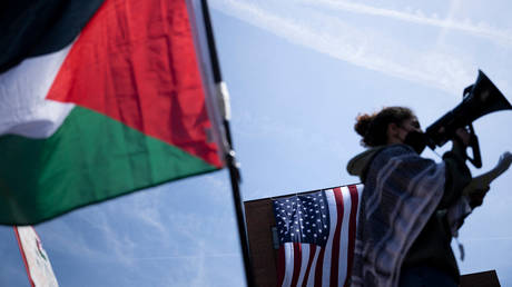 Pro-Palestinian encampment at George Washington University in Washington, DC, on May 3, 2024