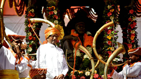 Nationalist Congress Party chief Sharad Pawar during the launch of the party's new symbol – 'man blowing turha' ( long, curved, trumpet-like instrument) –  from Chhatrapati Shivaji's Raigad Fort, on February 24, 2024 in Navi Mumbai, India.