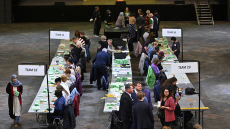 Ballots are counted after a vote for the West Midlands mayor on May 4, 2024 in Birmingham, England.