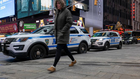 A police vehicle sits in Times Square on January 31, 2024 in New York City.