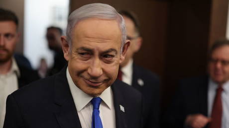 Israeli Prime Minister Benjamin Netanyahu arrives for a meeting with German Foreign Minister Annalena Baerbock in West Jerusalem, April 17, 2024