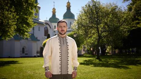 Vladimir Zelensky appears in a video shot at the Saint Sophia Cathedral in Kiev, Ukraine, May 5, 2024