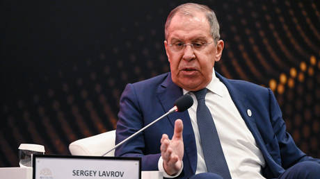 Russian Foreign Minister Sergey Lavrov speaks at the Antalya Diplomacy Forum on March 1, 2024 in Antalya, Turkey