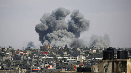 Smoke billowing following bombardment east of Rafah in the southern Gaza Strip on May 6, 2024.