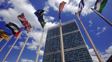 Flags outside the United Nations building