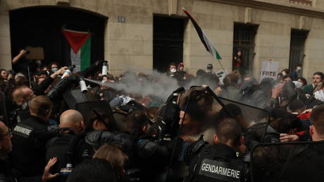 Police break up a pro-Palestine protest at Sorbonne University, Paris, France, May 7, 2024.