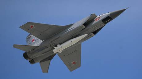 FILE PHOTO: A MiG-31 jet armed with a Kinzhal hypersonic missile.