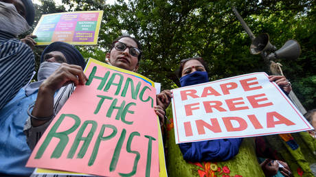 Protest against the alleged gang-rape and murder of a 19-year-old woman in Uttar Pradesh state in New Delhi on October 4, 2020.