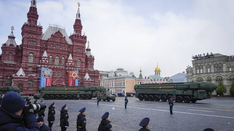 Russian RS-24 Yars ballistic missiles roll during the Victory Day military parade in Moscow, Russia, Thursday, May 9, 2024, marking the 79th anniversary of the end of World War II.