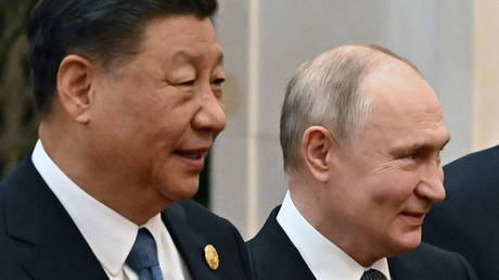 Russia's President Vladimir Putin and Chinese President Xi Jinping in Beijing on October 18, 2023