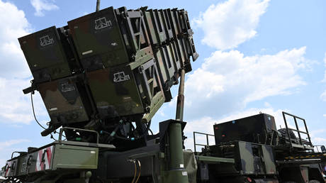The launcher system of the US-made Patriot surface-to-air missile system at the military base of Kaufbeuren in Germany.