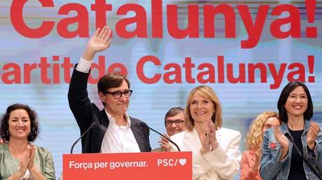 Salvador Illa delivers a victory speech following Catalonia's regional elections in Barcelona, May 12, 2024