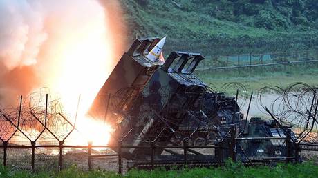 FILE PHOTO: A US Army Tactical Missile System (ATACMS) firing a missile during a military drill in South Korea.