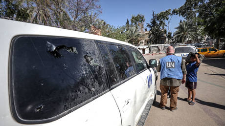 A view of a damaged UN vehicle in front of a hospital as a United Nations (UN) employee was killed in an attack on a vehicle in Gaza on May 13, 2024.