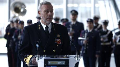 Admiral Rob Bauer gives a speech to NATO foreign ministers at the bloc's headquarters in Brussels, Belgium, April 4, 2024