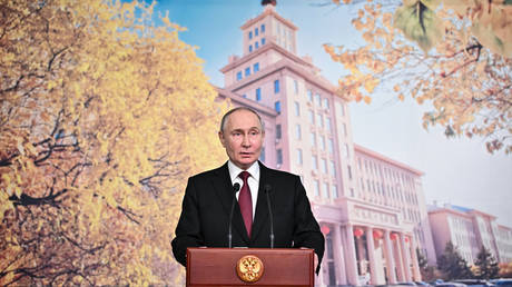 Russian President Vladimir Putin makes a statement to the Russian media at the Harbin Institute of Technology in Harbin, Heilongjiang province, China.